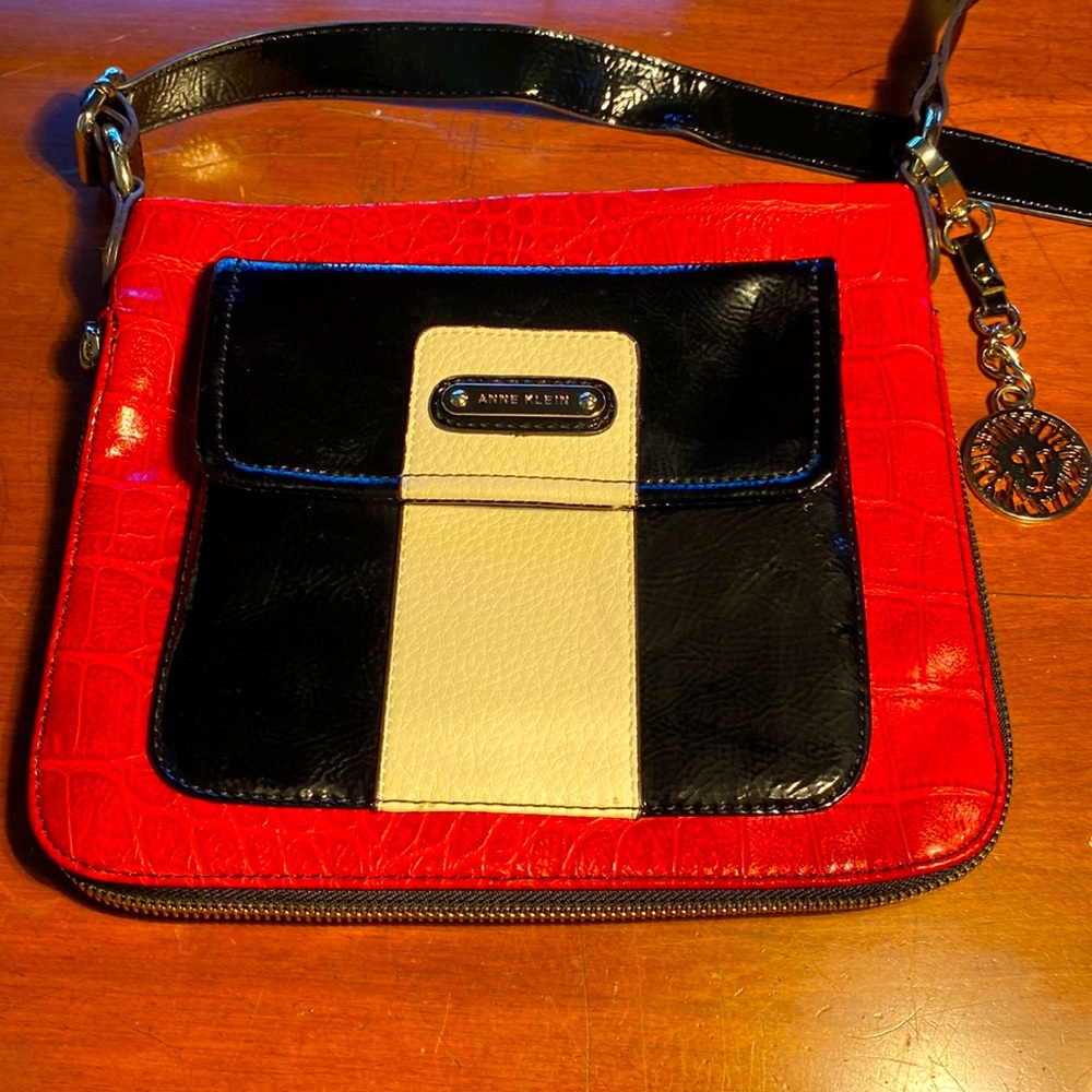 Anne Klein Crossbody Bag in Red, Black, and White with Lion Logo Tag